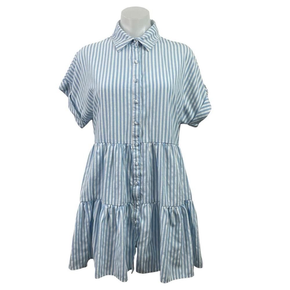 Aqua Blue Stripe Collared Short Sleeve Button Up Mini Flare A-Line Shirt Dress S